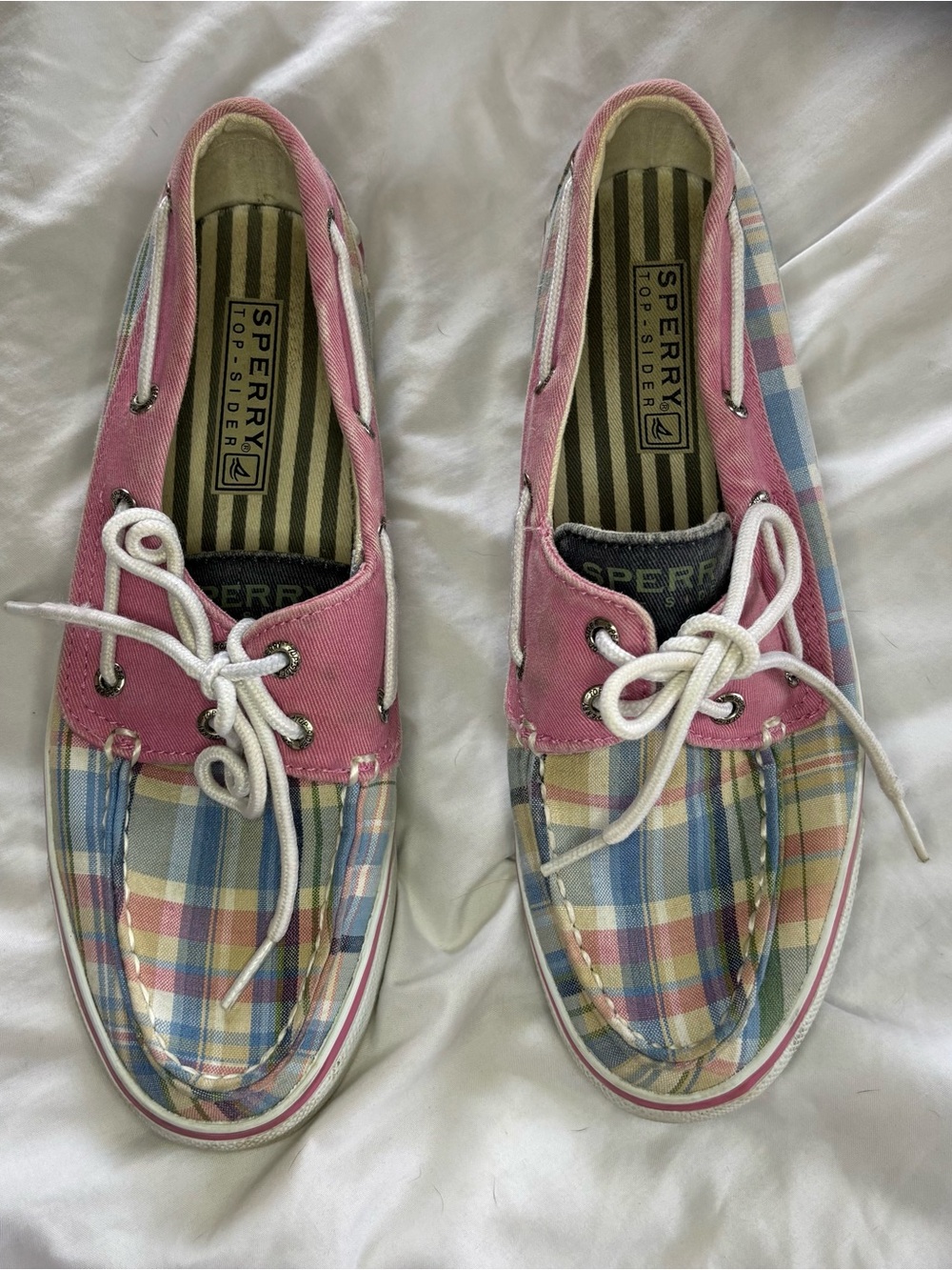 Sperry Pink and Pastel Plaid Canvas Boat Shoes Size 7M